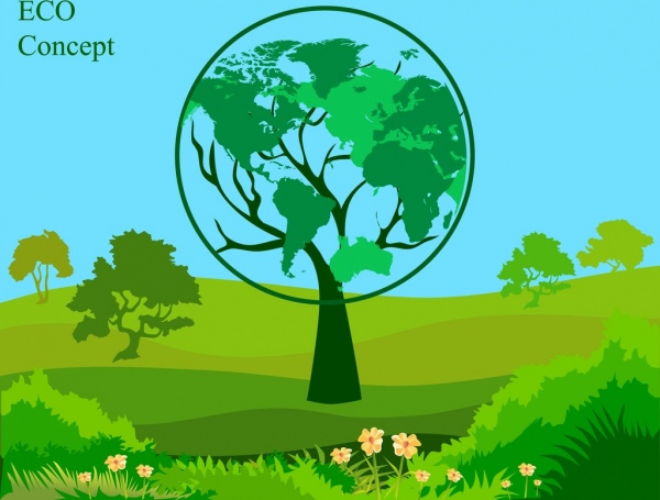 エコ バナー緑木装飾地球儀アイコン