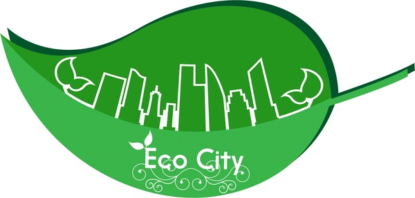 에코 시티 배너 녹색 잎 및 도시 스케치