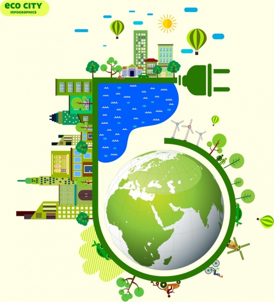 ไอคอนโคเมือง infographic แบนเนอร์ปลั๊กทั่วโลกสีเขียว