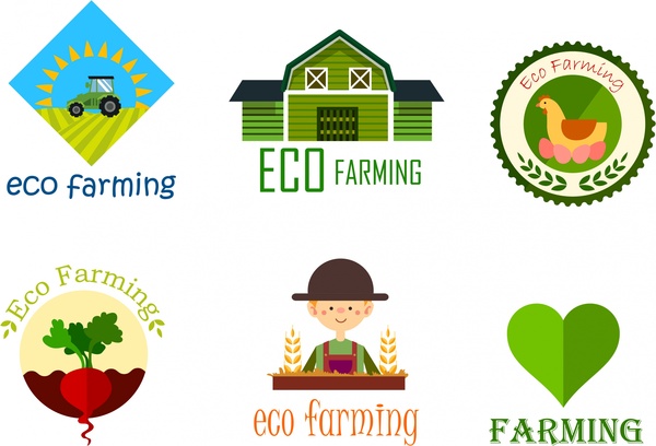 Eco Logo Landwirtschaft setzt verschiedene bunte Symbole design