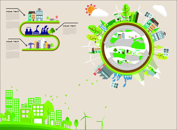การออกแบบ infographic eco กับเมืองสีเขียวและวงกลม