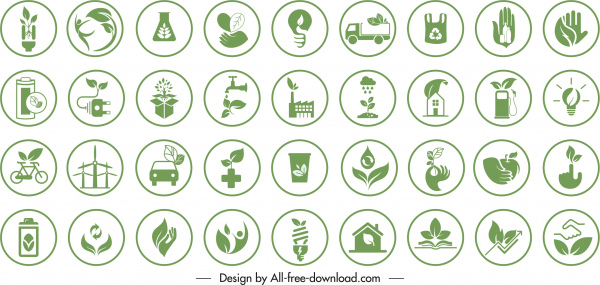 Eco Zeichen Vorlagen Sammlung flach grün Symbole Skizze