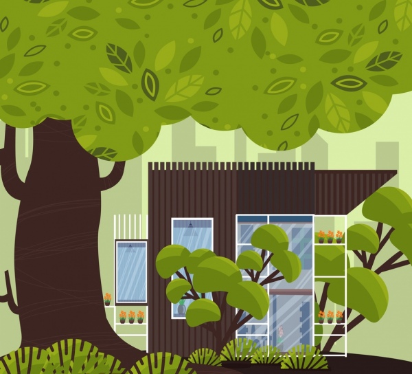 생태 가정 배경 녹색 나무 집 아이콘 장식