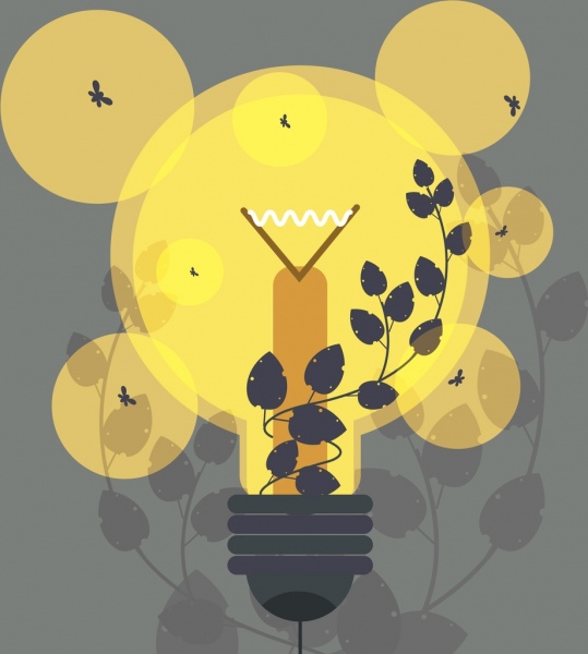 lampadina di ecologia sfondo giallo lascia icone sagoma arredamento