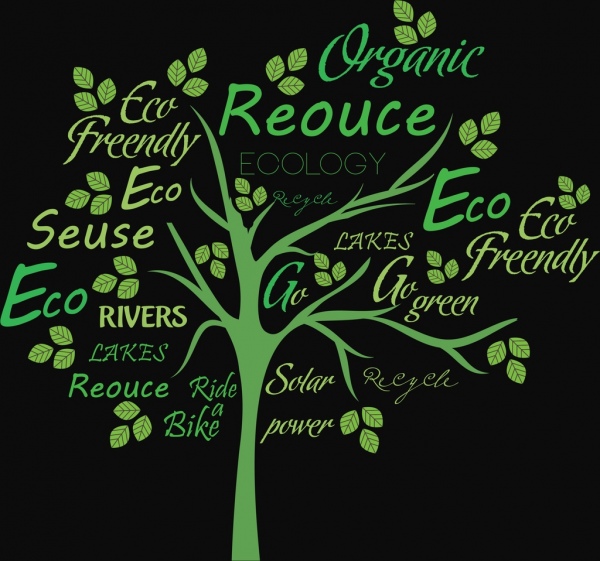 ecologia insegna progettazione albero verde scuro, testi di decorazione