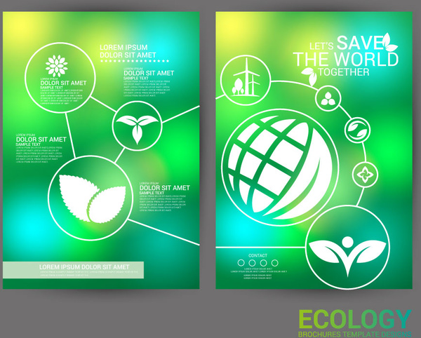 Desain brosur ekologi dengan latar belakang hijau bokeh