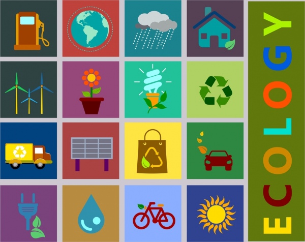 ekologi elemen desain berbagai ikon yang datar kotak isolasi