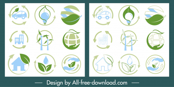 ecologia ícones coleção símbolos planos coloridos esboço símbolos