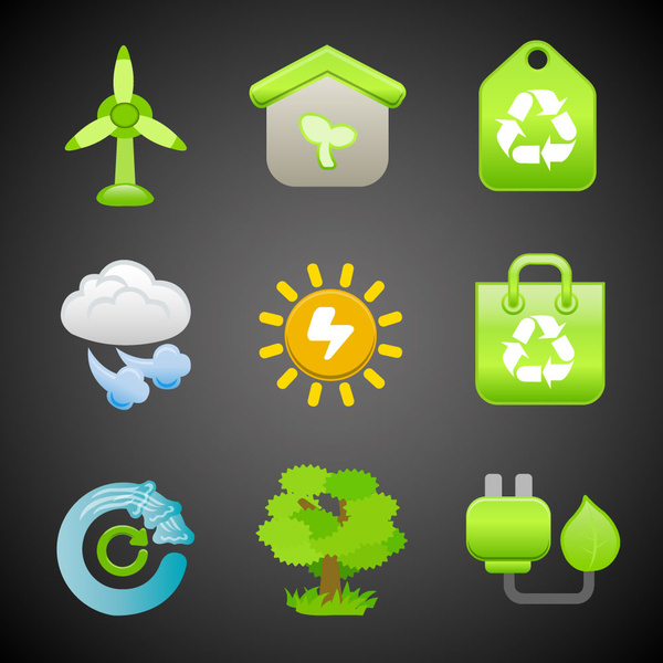 ícones de ecologia com cor verde sobre fundo preto