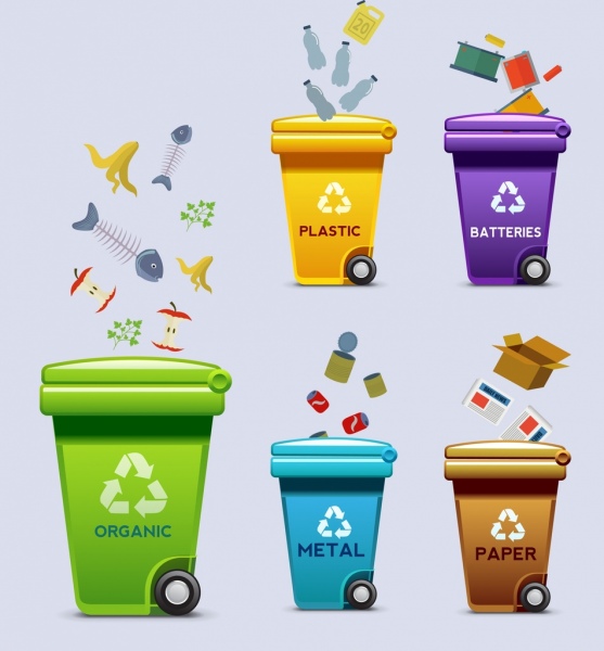 cartaz de ecologia multicoloridos caixotes de lixo resíduos decoração de ícones