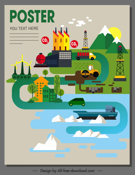 ekologi poster template warna-warni tanaman datar lalu lintas sketsa