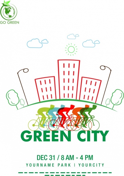 diseño de silueta colorida de los iconos de Ecología promoción banner ciclista