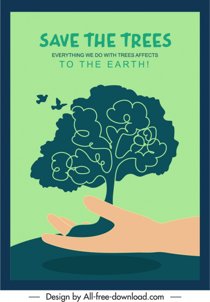 cartel de protección ecológica clásico dibujado a mano boceto a mano de árbol