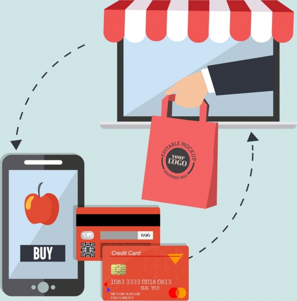 e-Commerce-Konzept Hintergrund Smartphone Kreditkarte Symbole Dekor