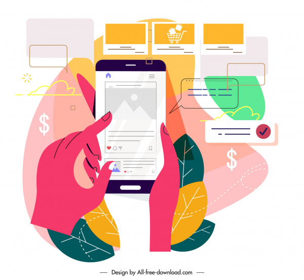 E-Commerce-Marketing Hintergrund bunte flache Smartphone-Anwendung Skizze