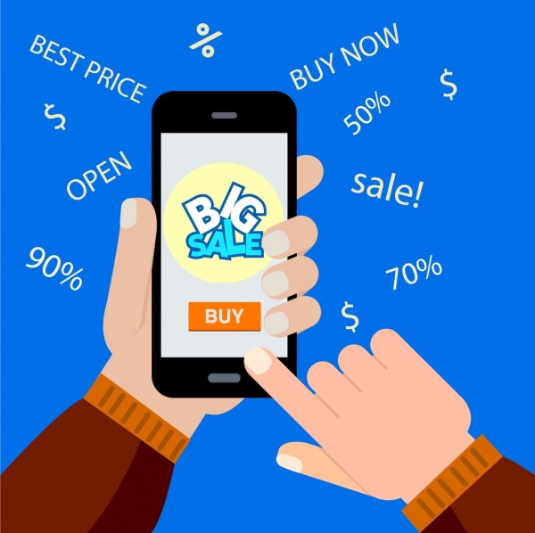ícones de textos do eCommerce vendas fundo mão smartphone