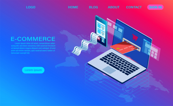 E-Commerce-Shopping online mit Computer und mobiler Vektor 3d isometrische Vorlage