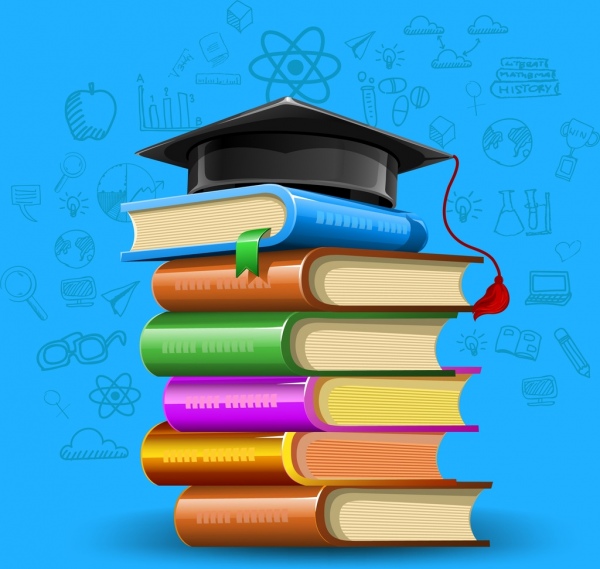 Pendidikan prestasi latar belakang berwarna-warni buku tumpukan topi ikon