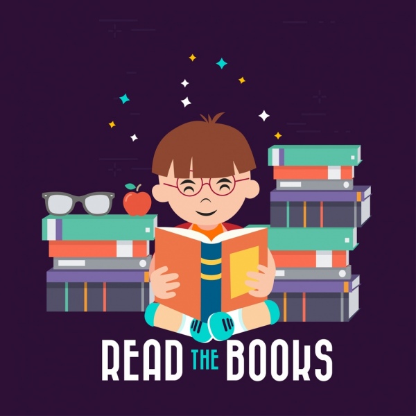 Bildung Hintergrund Junge liest Bücher Symbol farbigen cartoon