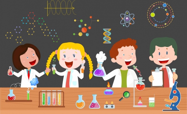personajes de dibujos animados iconos de herramientas de laboratorio de los niños de educación fondo