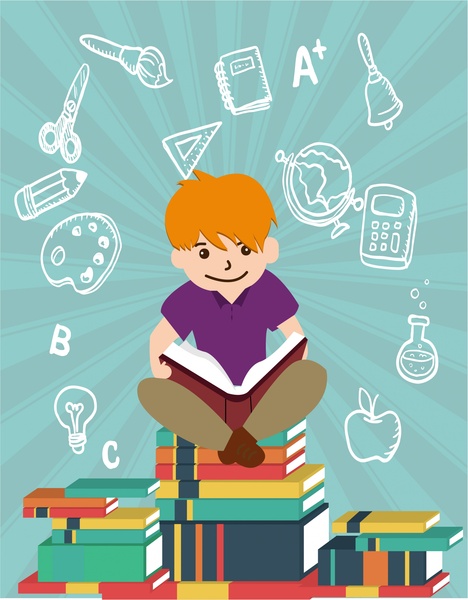 muchacho de elementos de diseño de educación en pila de libros de lectura