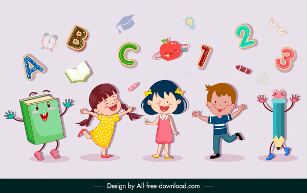 ícones da educação crianças alegres estudando esboço elementos