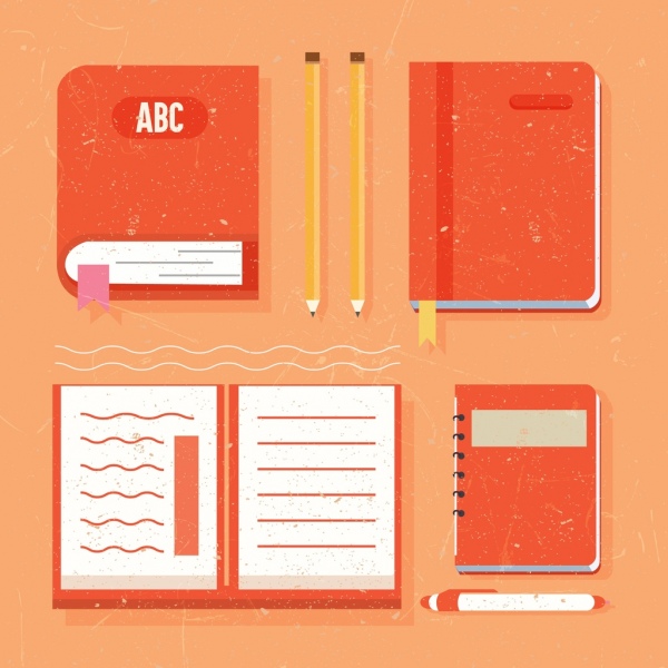 iconos de elementos cuadernos lápiz lápices de diseño de herramientas de educación