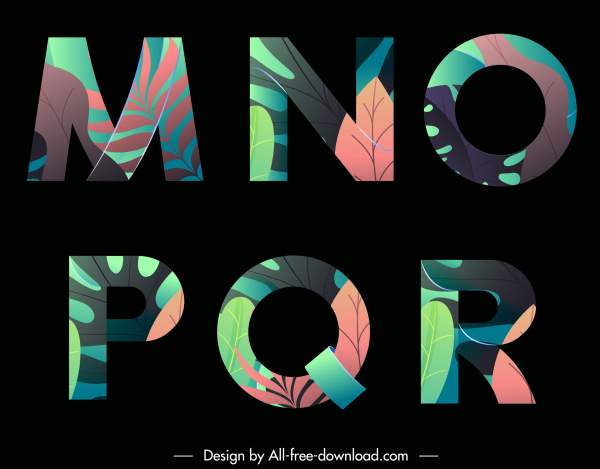 ícones do alfabeto educacional decoração escura colorido folhas esboço
