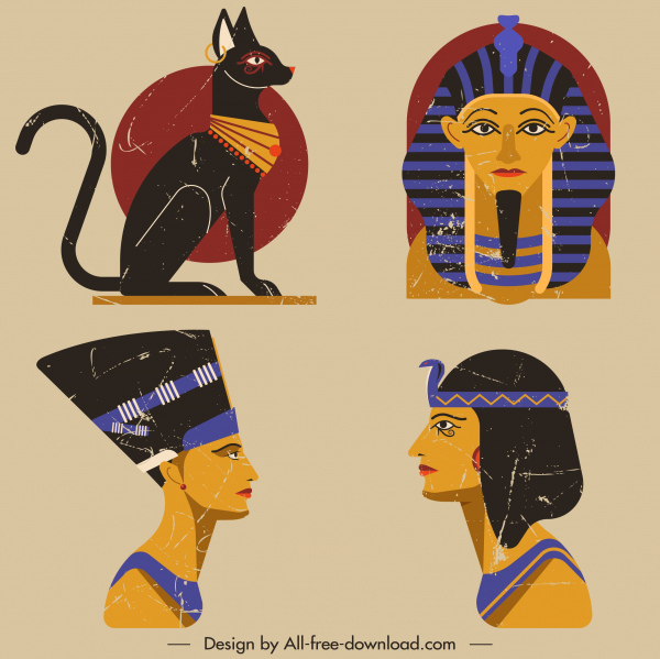 이집트 디자인 요소 고양이 인간 무덤 아이콘 스케치