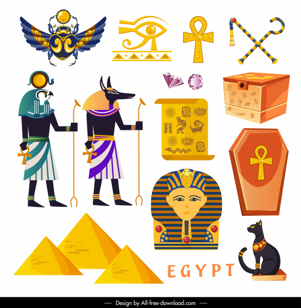 อียิปต์การออกแบบองค์ประกอบสัญลักษณ์ย้อนยุคร่างการออกแบบที่มีสีสัน