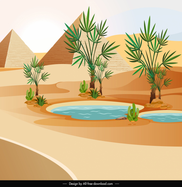 mesir lukisan lanskap piramida sketsa oasis
