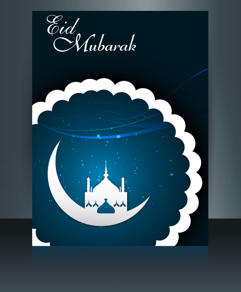 Eid mubarak Masjid template brosur festival untuk refleksi indah berwarna-warni kartu vektor