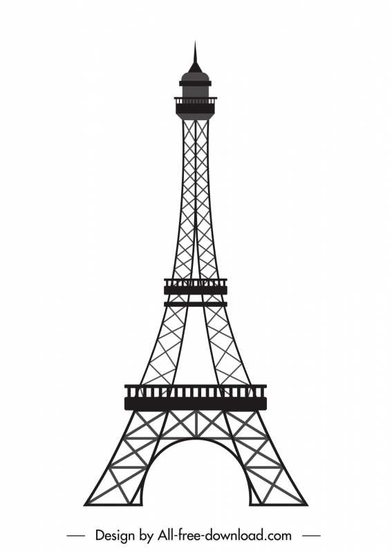 ícone da torre do eiffel esboço simétrico plano preto branco