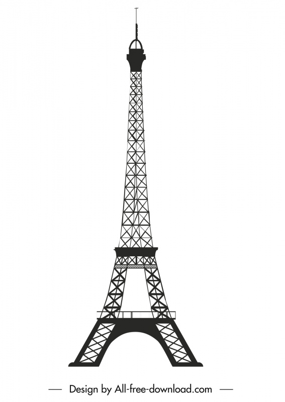 ícone do sinal da torre Eiffel esboço preto preto plano simétrico