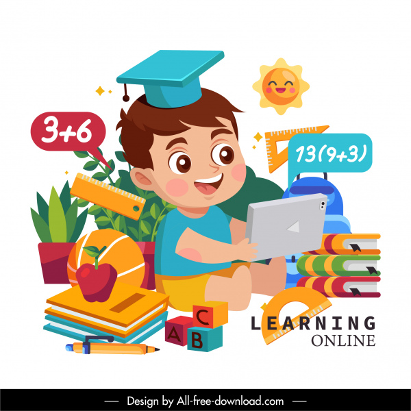 E-Learning Hintergrund süße Jungen pädagogische Werkzeuge Cartoon-Design