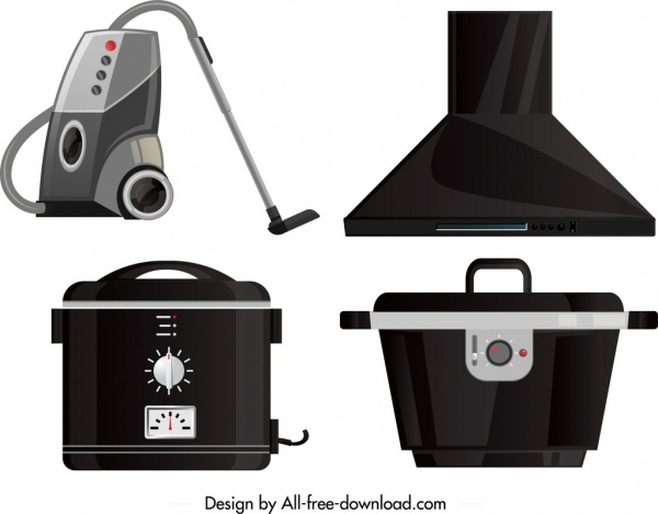 dispositivos eletrônicos ícones limpador ventilador arroz fogão esboço