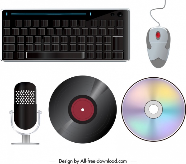 perangkat elektronik ikon keyboard mouse mikrofon disk sketsa