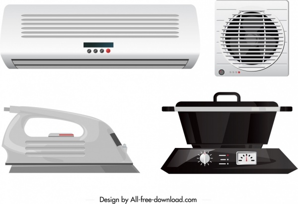 utensílios eletrônicos ícones ar condicionado ventilador ferro cozinheiro esboço