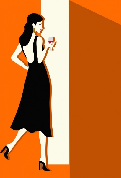 elegante schwarze Kleid Design farbige Cartoon-Stil