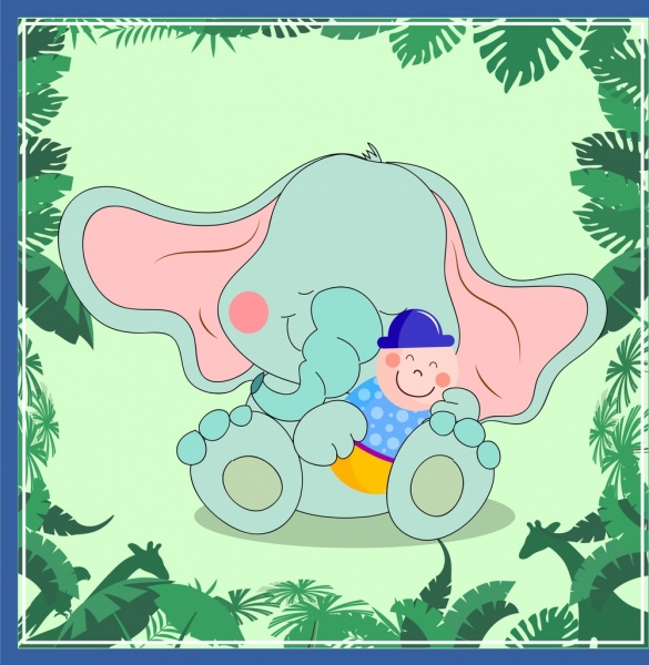 大象背景可爱卡通人物叶子装饰
