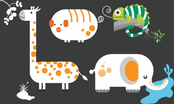 ícones de lagartixa liso colorido desenho de porco girafa elefante
