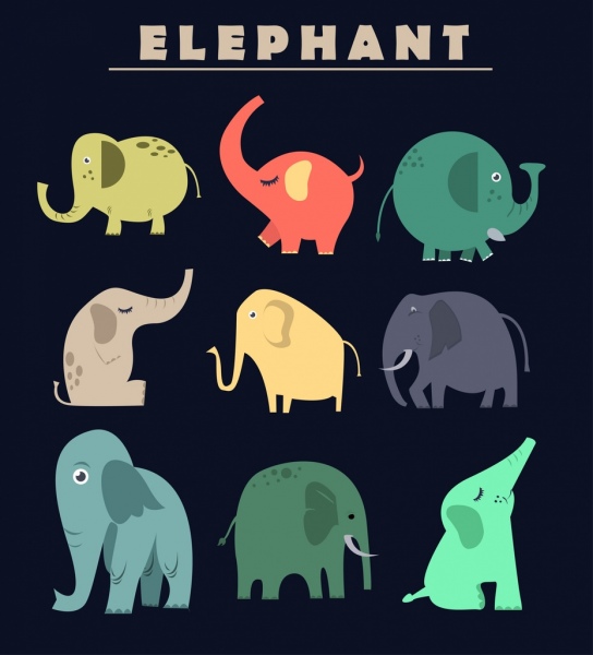 Gajah koleksi ikon berwarna kartun desain