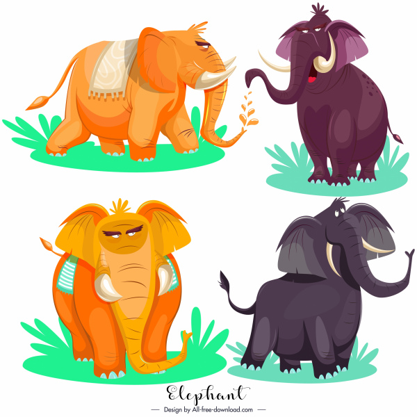 croquis de dessin animé coloré d’icônes d’éléphant