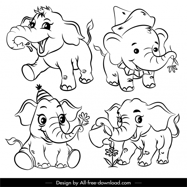 Elephant Icons Cute Cartoon Characters Black White Handdrawn-vector  Icon-free Vector Free Download