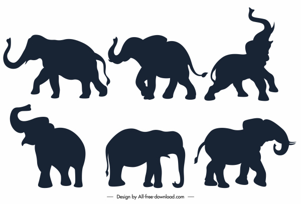 iconos de elefante negro plano silueta boceto
