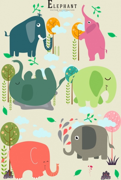 Iconos de elefante multicolor de diseño plano