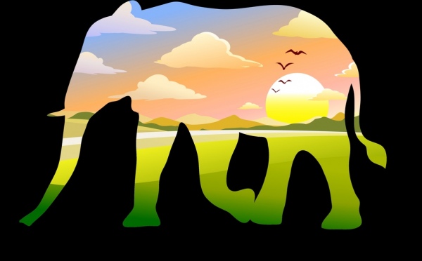 코끼리 다채로운 침투 스타일 장식 자연 풍경 스케치