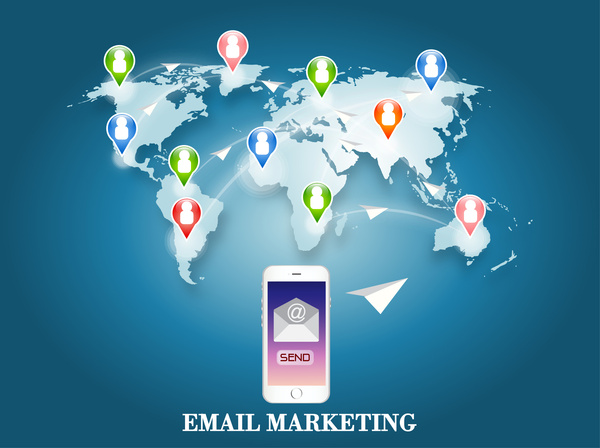e-Mail-marketing-Illustration mit Telefon und Welt Karte