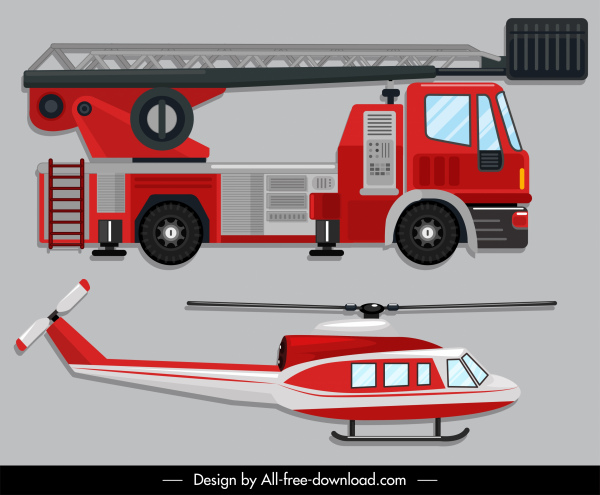 ícones de veículo de emergência fogo fogo retrato helicóptero de carro
