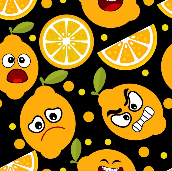 fundo emoticon laranja ícones de frutas design estilizado